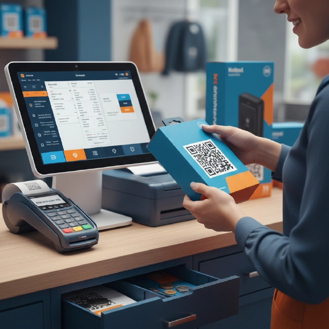 Cajero en punto de venta procesando producto con código de barras bidimensional 2D integrado en sistema de software Point of Sale.